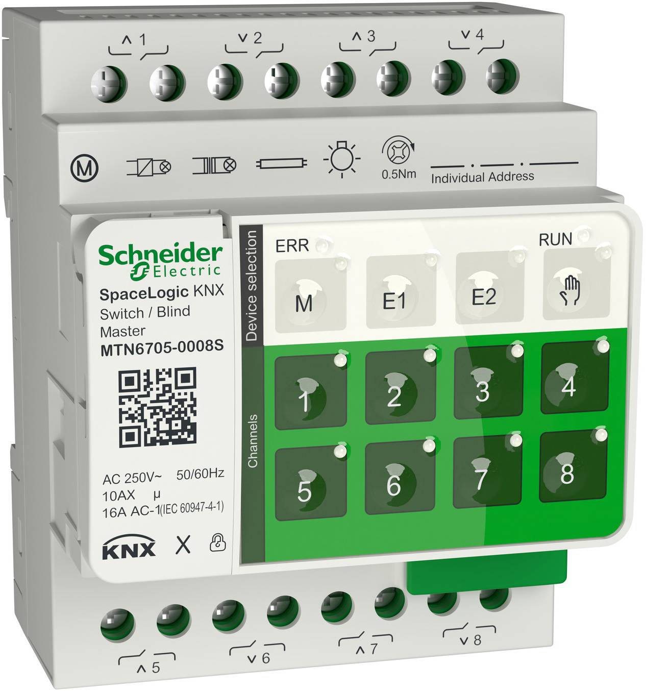 Schneider Electric SpaceLogic KNX-Schalt-/Jalousiemaster-Modul mit beschrifteten Kanaltasten 1-8, Statusanzeigen, QR-Code und Anschlussklemmen.
