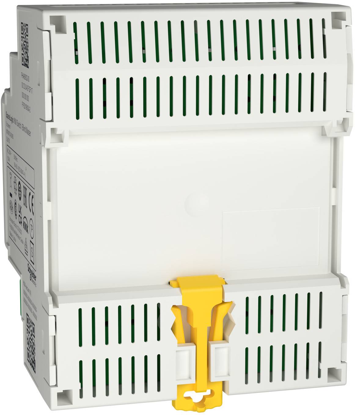 Weißes Elektromodul mit grünen Belüftungsschlitzen und einer gelben Verriegelung an der Vorderseite, dargestellt in einer produkttypischen Seitenansicht.