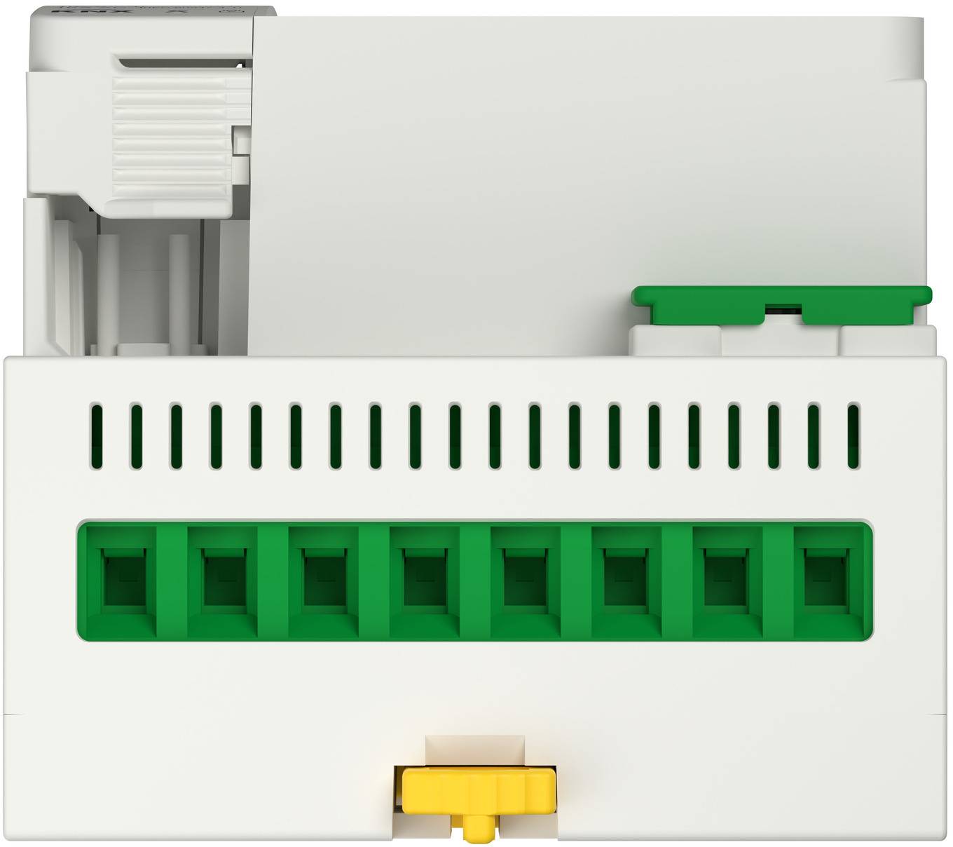Weißes Elektrosteuermodul mit grünen Anschlussblöcken und einer gelben Verriegelung, Vorderansicht auf einfachem Hintergrund.