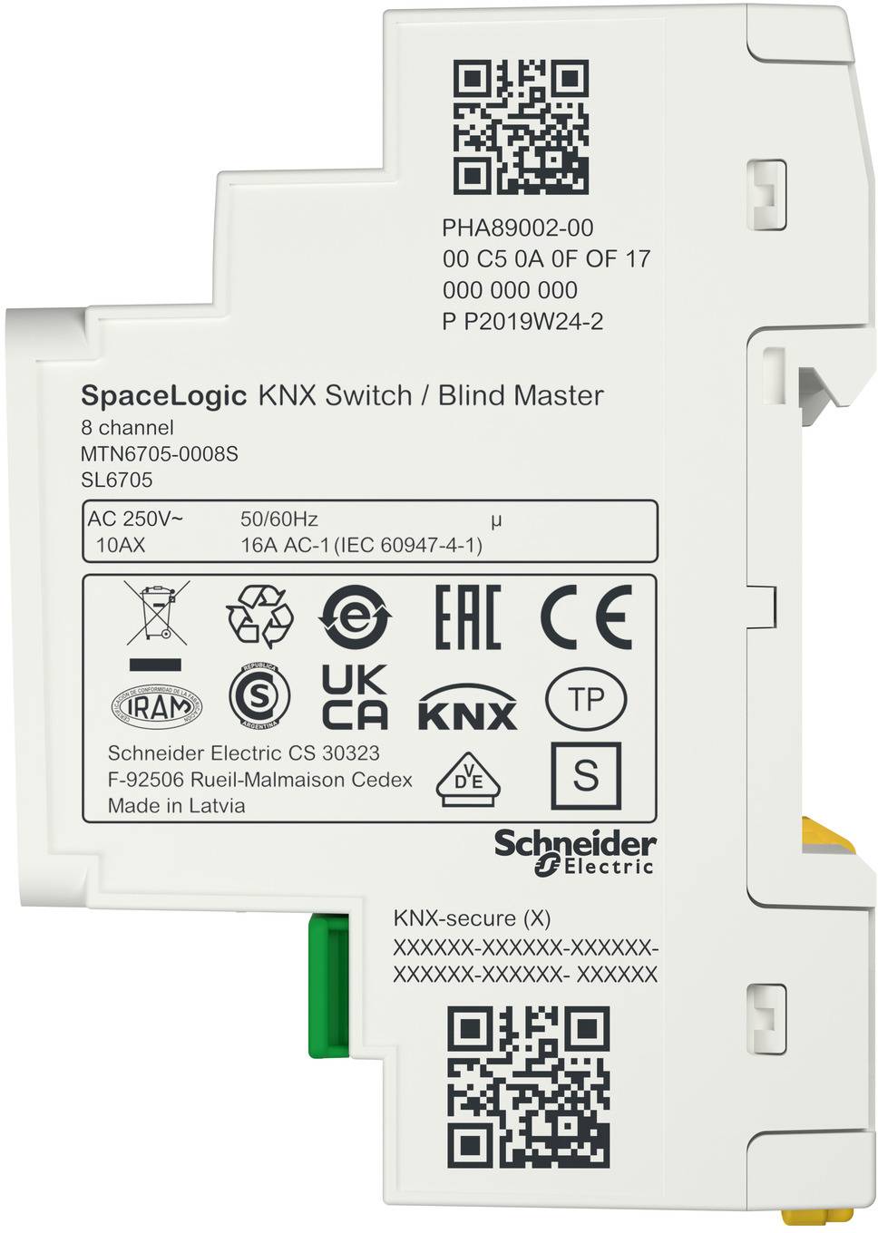 Schneider Electric SpaceLogic KNX Schalt-/Jalousienmaster-Modul, 8-Kanal DIN-Schiengerät mit QR-Codes und Zertifizierungsmarkierungen.