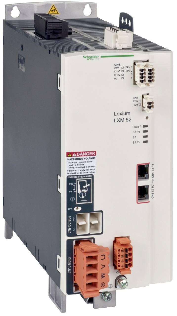Industrielles Schneider Electric Lexium LXM52 Servoantriebsmodul mit mehreren gekennzeichneten Stromversorgungs- und Steuerungssteckern auf der Frontplatte.