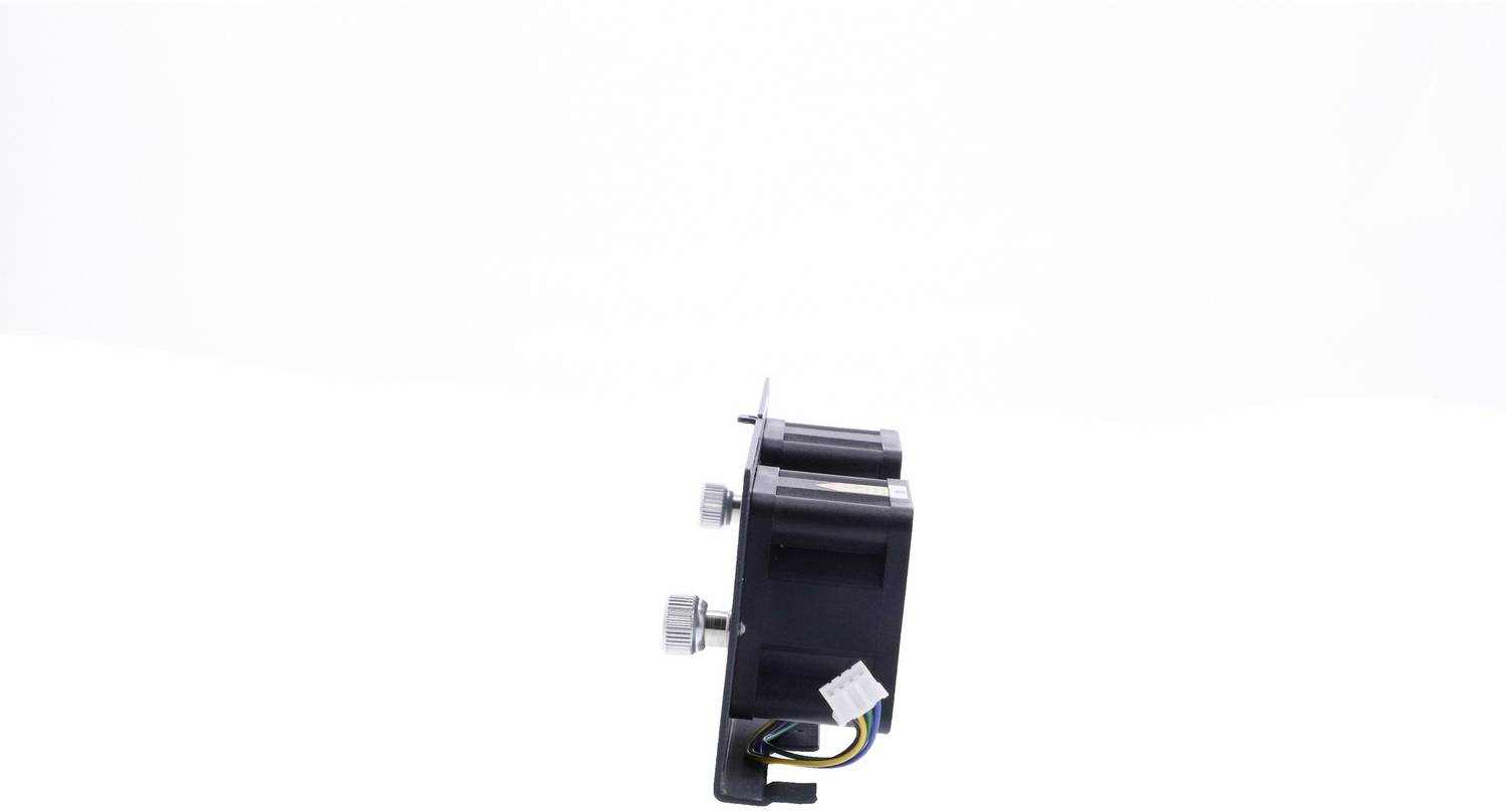 Schwarzes Dual-Lüfter-Elektronikmodul in Seitenansicht mit Befestigungsschrauben und angeschlossenen Drähten auf weißem Hintergrund.