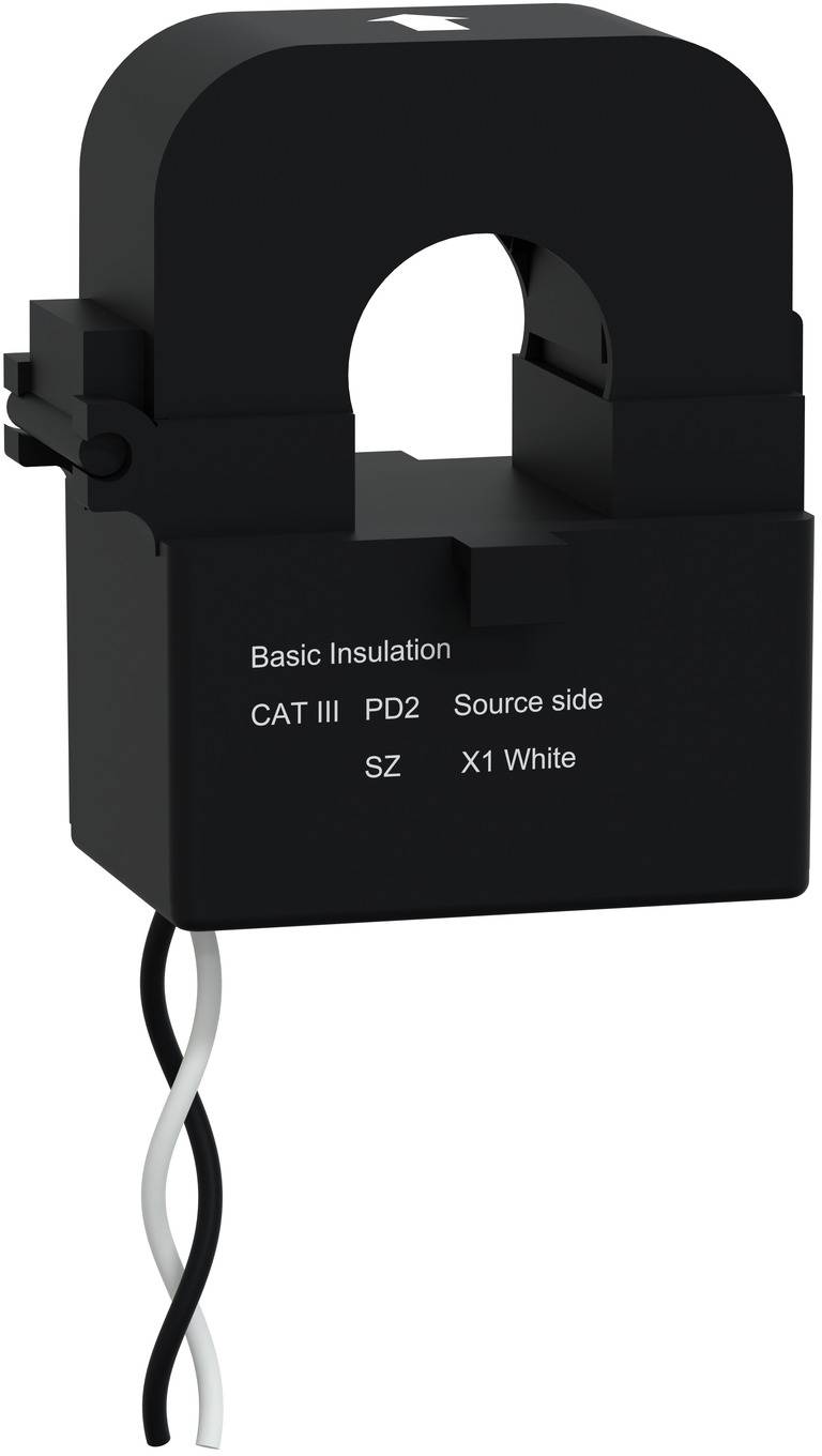 Schwarzer aufsteckbarer Stromwandler mit zwei Anschlüssen, gekennzeichnet mit „Basic Insulation CAT III PD2 Source side SZ X1 Weiß