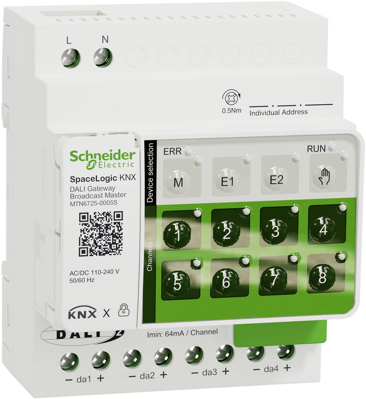 Schneider Electric SpaceLogic KNX DALI-Gateway-Modul mit beschrifteten Anschlüssen, Kanaltasten 1–8, Fehler-/Betriebsanzeigen und QR-Code auf der Vorderseite.