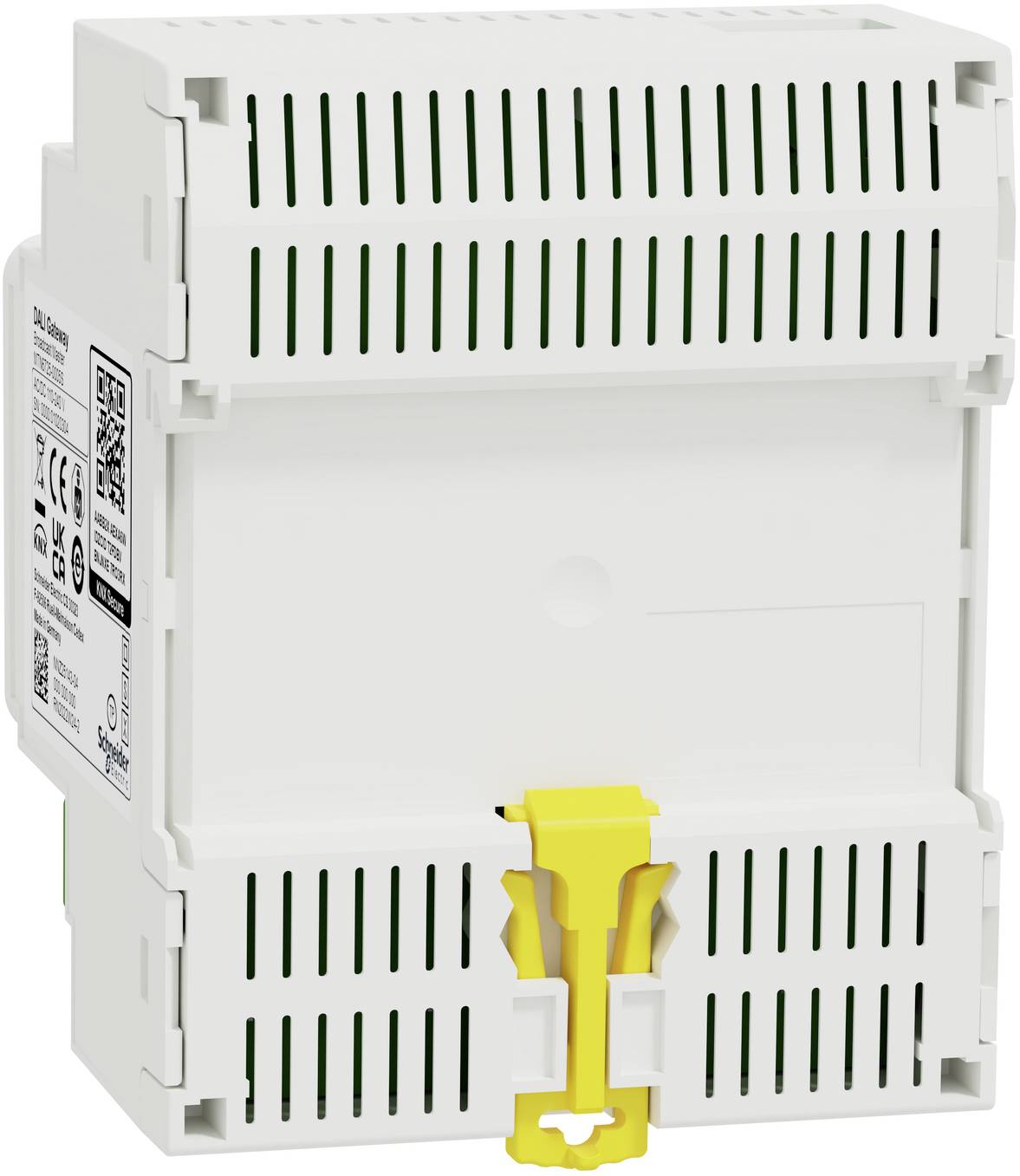 Weißes modulares elektrisches Gerät mit Lüftungsschlitzen und einer gelben Verschlussfeder, frontal gegen einen weißen Hintergrund gezeigt.