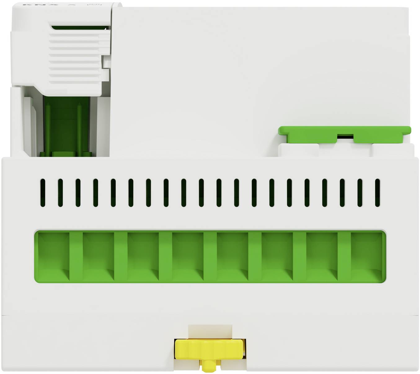 Weißes Elektrogerät mit grünen Anschlussöffnungen und einer gelben Verriegelung, Vorderansicht auf neutralem Hintergrund.