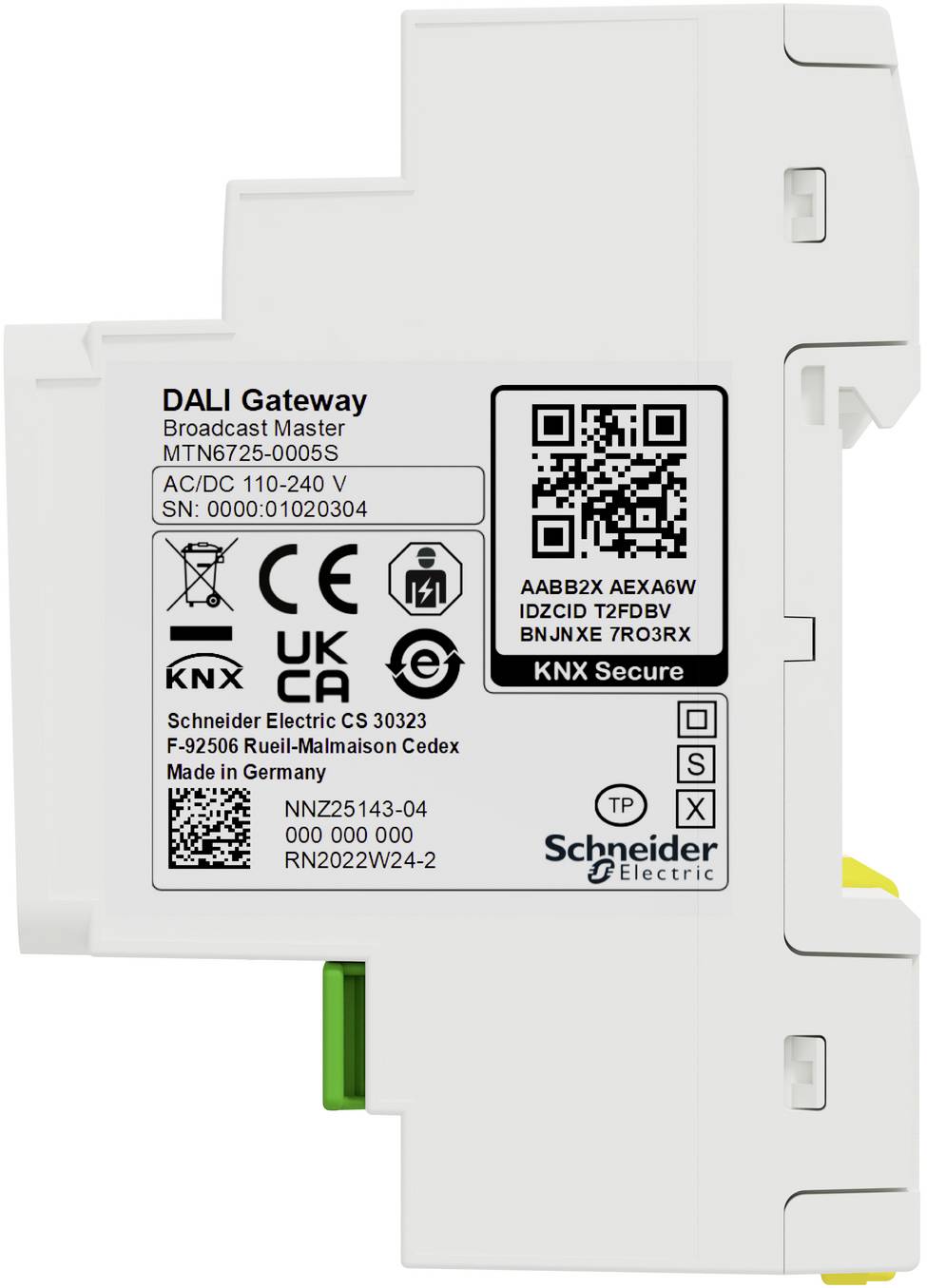 Nahaufnahme eines Schneider Electric DALI Gateway Broadcast Master Moduls mit QR-Code, Modell- und Zertifizierungsetiketten auf weißem Hintergrund.