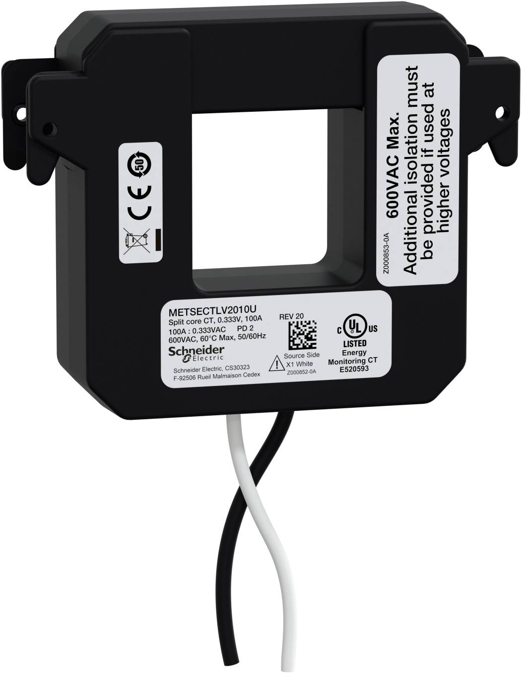Schwarzer Schneider Electric Stromwandler mit Spaltkerntechnik mit angebrachten schwarzen und weißen Drähten und Sicherheitskennzeichnungen.