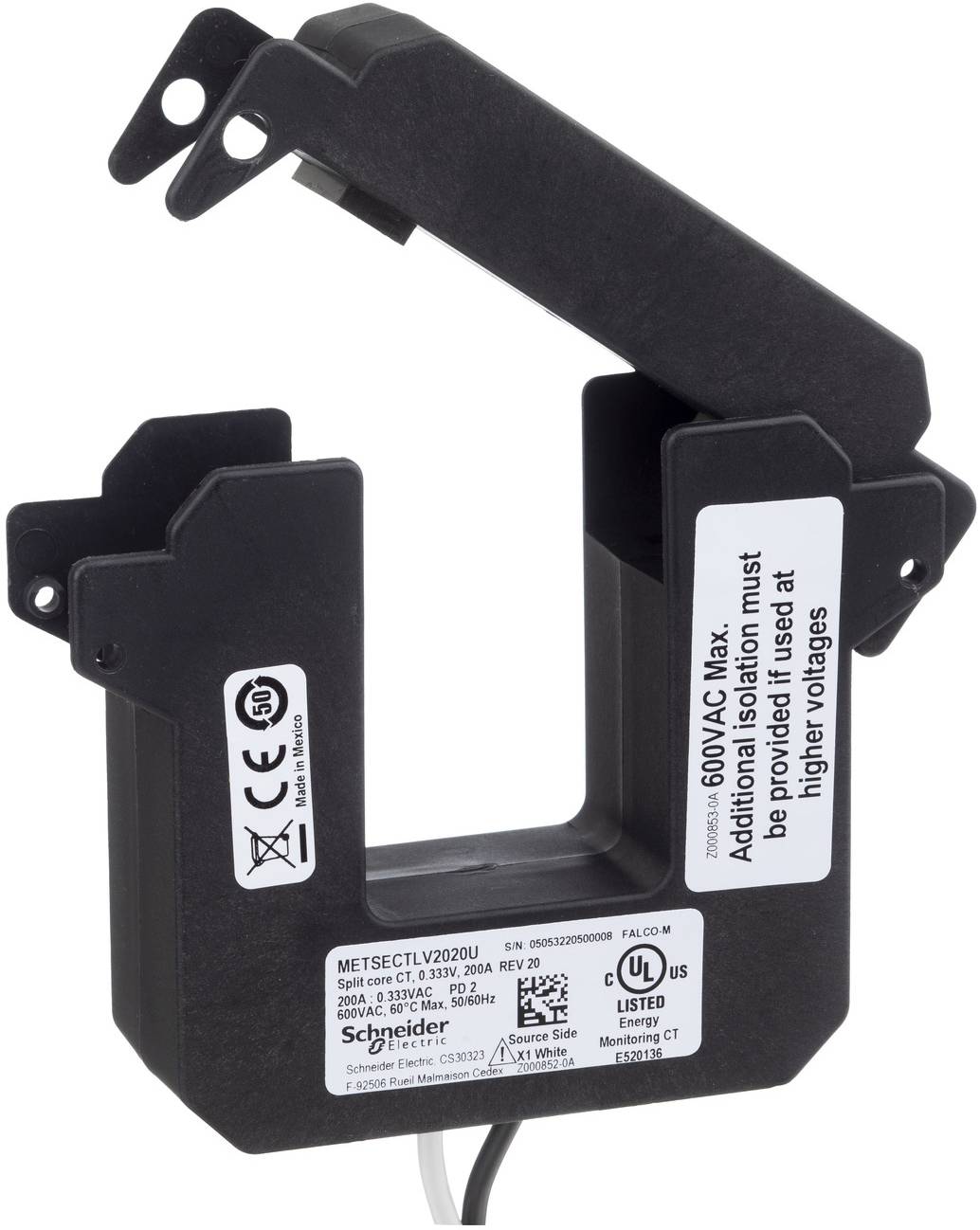 Schwarzer Schneider Electric Stromwandler mit Spaltkerntechnik, Scharnierklammer und Beschriftungen, auf weißem Hintergrund gezeigt.