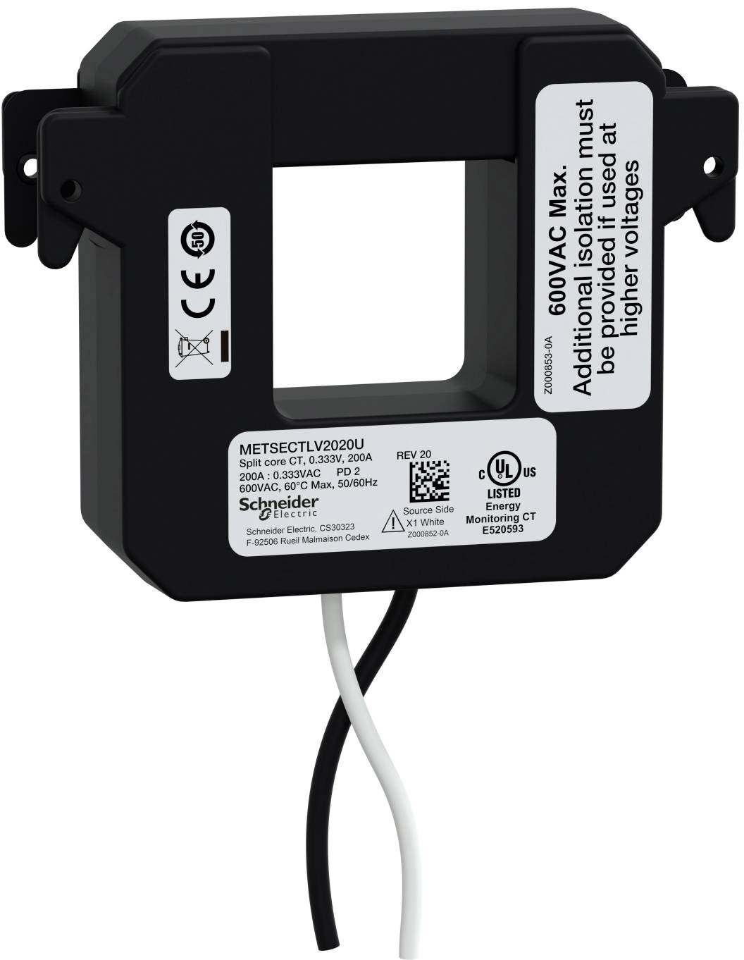 Schwarzer Stromwandler für Elektrizität mit zwei Drähten und Beschriftungen, einschließlich 