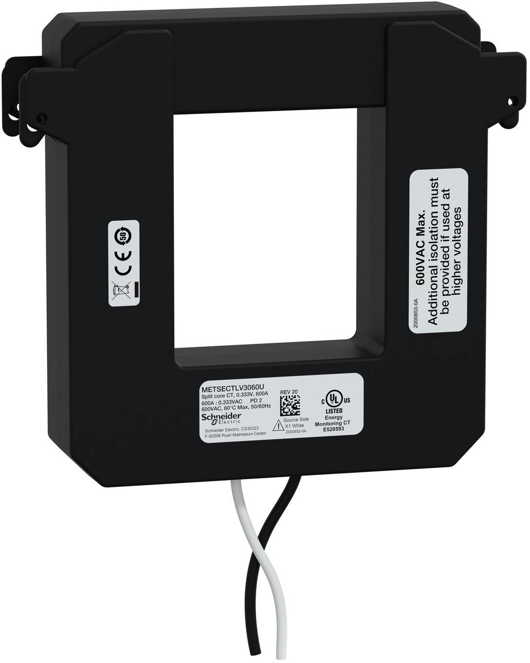 Schwarzer Stromwandler von Schneider Electric mit quadratischer Öffnung und zwei angebrachten Drähten, shown auf weißem Hintergrund.