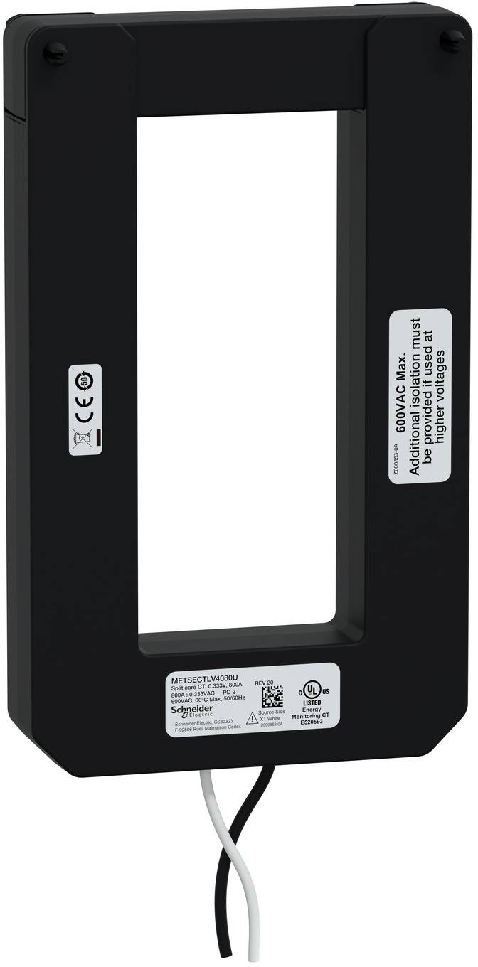 Schwarzes rechteckiges Gehäuse für elektrische Geräte mit einer großen zentralen Öffnung, Beschriftungen und zwei Drähten, die sich von der Unterseite erstrecken.