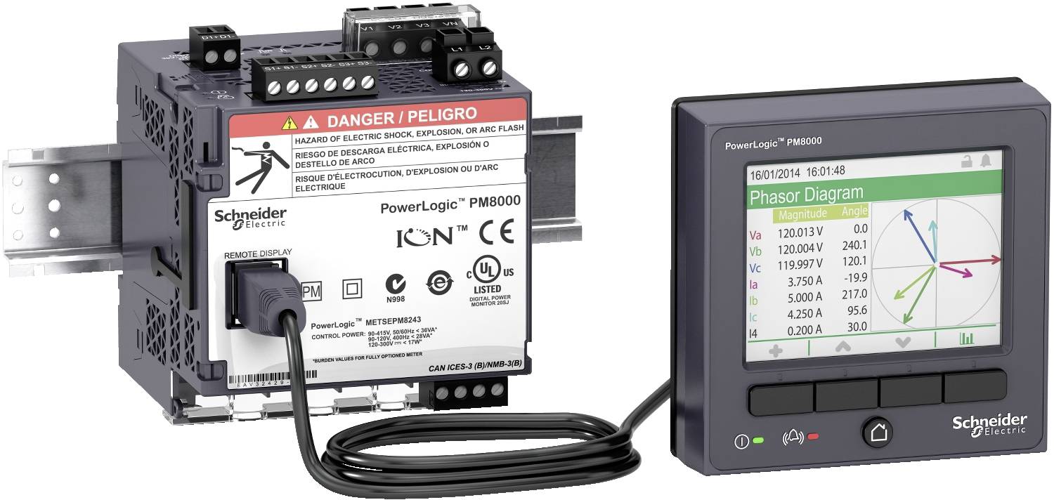 Schneider Electric PowerLogic PM8000 Stromzähler und eine Fernbedienungsanzeige mit einem Phasendiagramm, das Spannungs- und Stromwerte anzeigt.