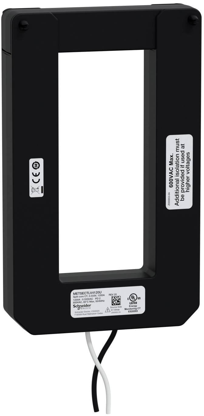Schwarzer rechteckiger Stromwandler mit zentraler Öffnung und angebrachten schwarz-weißen Drähten, dargestellt mit Produktkennzeichnungen.