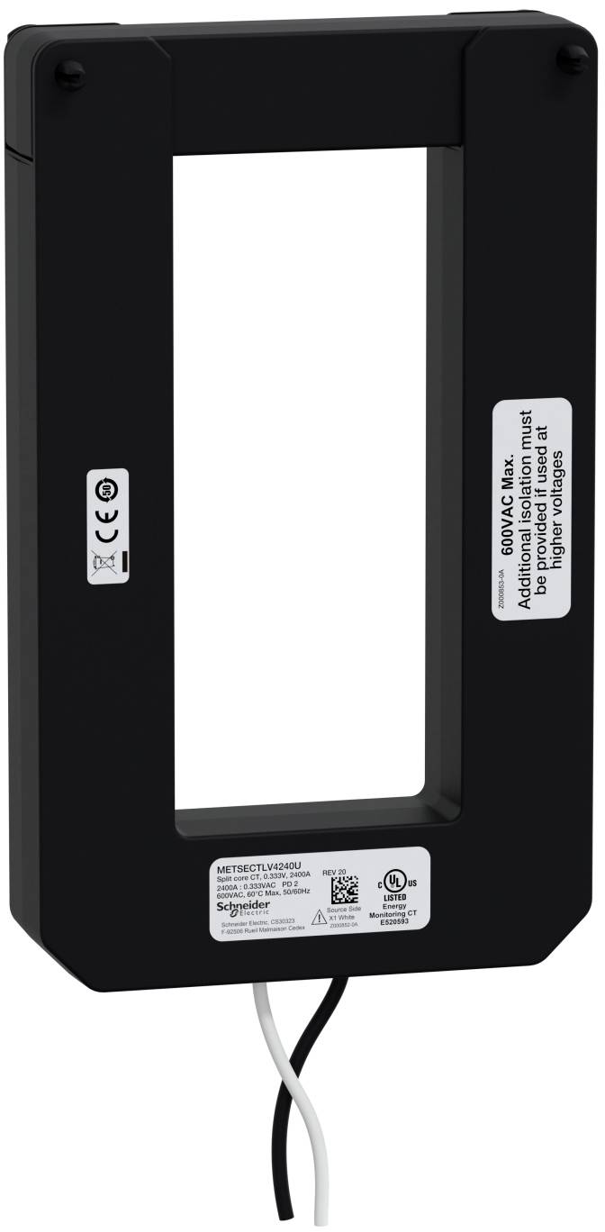 Schwarzer Schneider Electric Stromwandler mit rechteckiger Öffnung und angebrachten schwarz-weißen Kabeln.