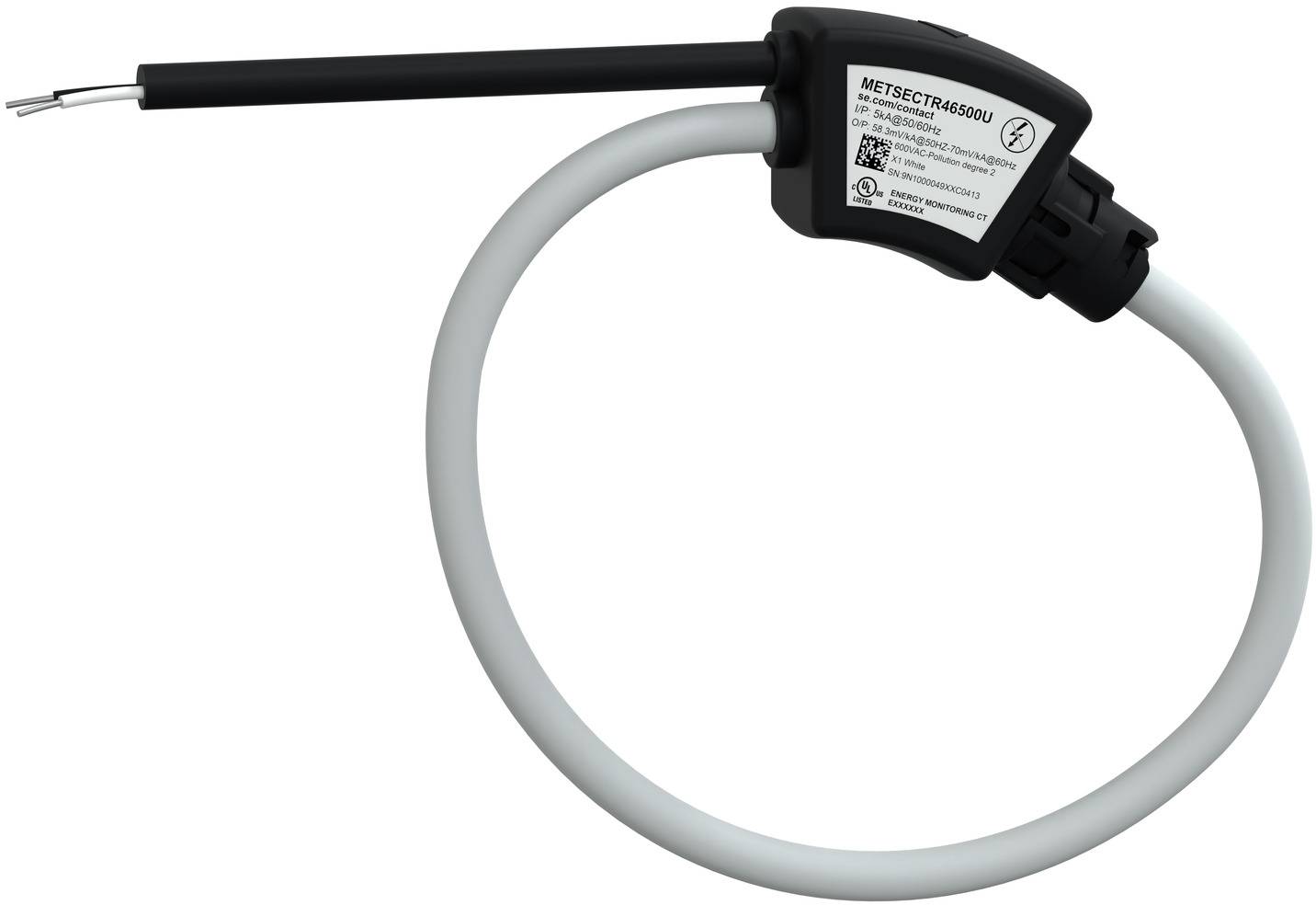 Schwarzes und graues Elektrokabel mit gekennzeichnetem Steckerende und freigelegten Drahtleitern, dargestellt auf weißem Hintergrund.