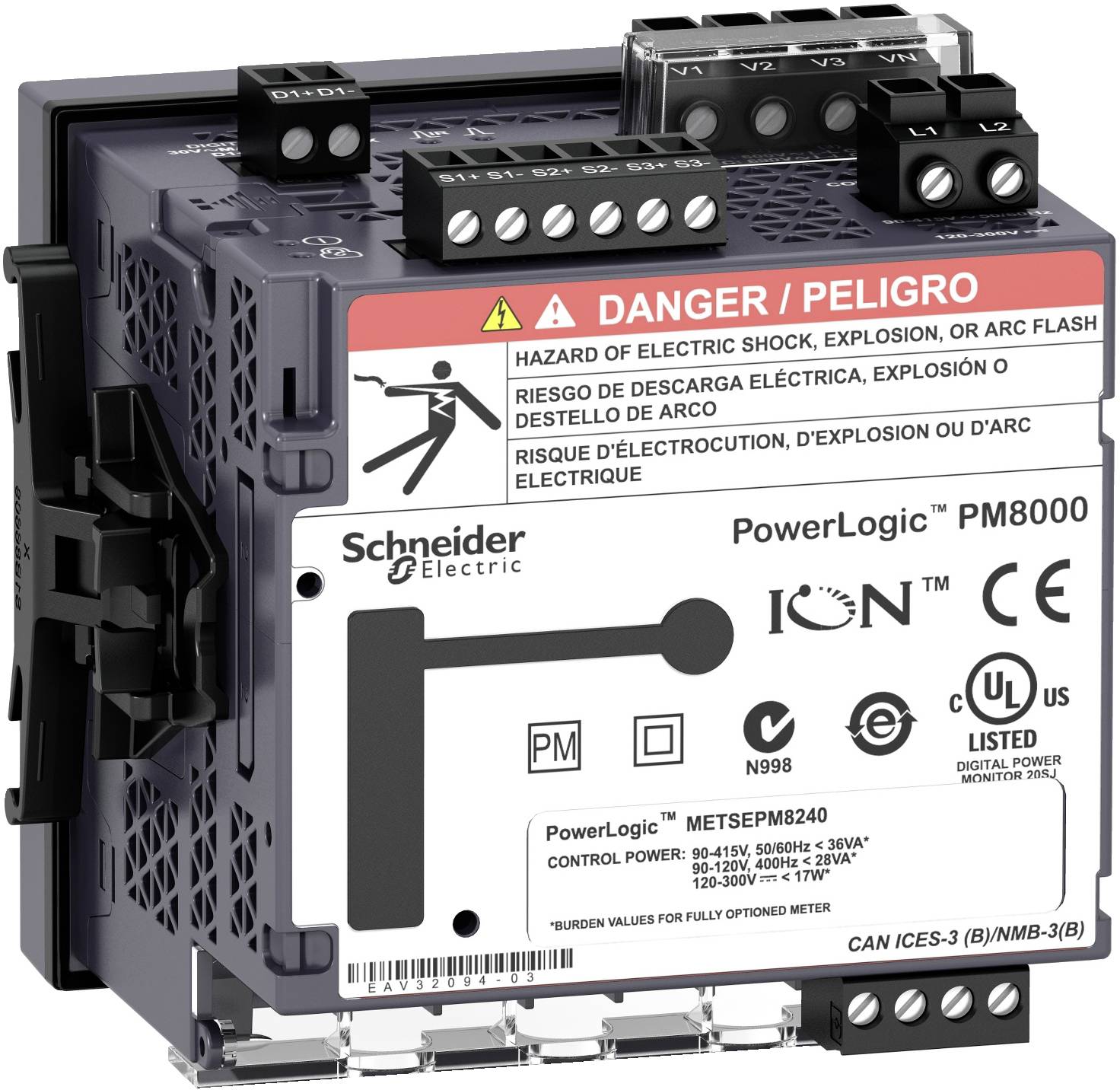 Schneider Electric PowerLogic PM8000 digitales Stromzähler mit Warnschild und Anschlussblöcken.