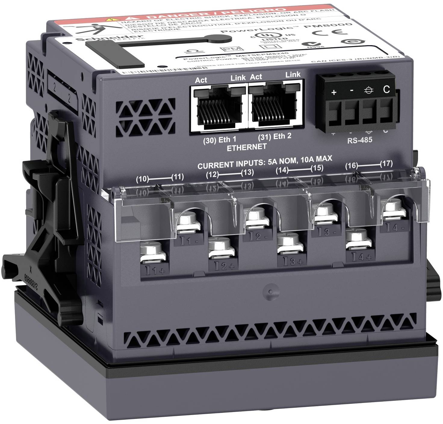 Industrie-Ethernet-Controller-Modul mit zwei RJ45-Anschlüssen, RS-485-Klemmen und mehreren Eingangsklemmen unter einer transparenten Abdeckung.
