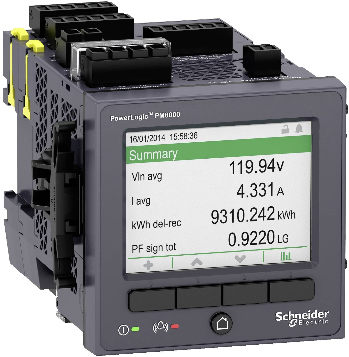 Schneider Electric PowerLogic PM8000 Stromzähler-Display mit Zusammenfassungswerten: 119.94 V, 4.331 A, 9310.242 kWh und 0.9220 LG.