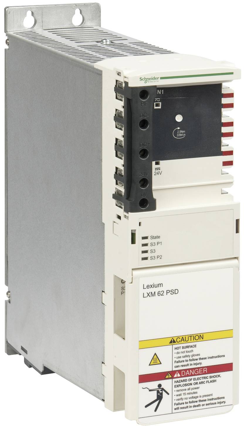 Schneider Electric Lexium LXM62 PSD Industrielles Servo-Antriebsmodul mit Warnkennzeichnungen und Statusanzeigen.