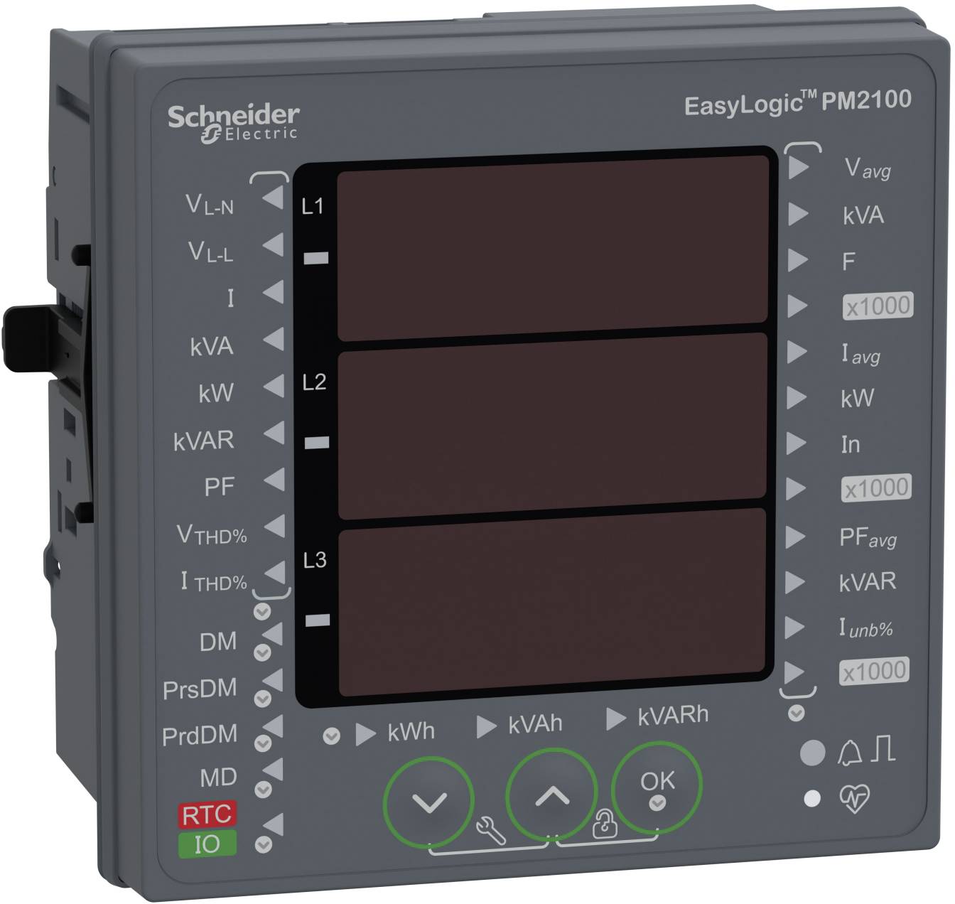 Schneider Electric EasyLogic PM2100 Stromzähler mit leerem Display und beschrifteten Tasten für elektrische Messungen.