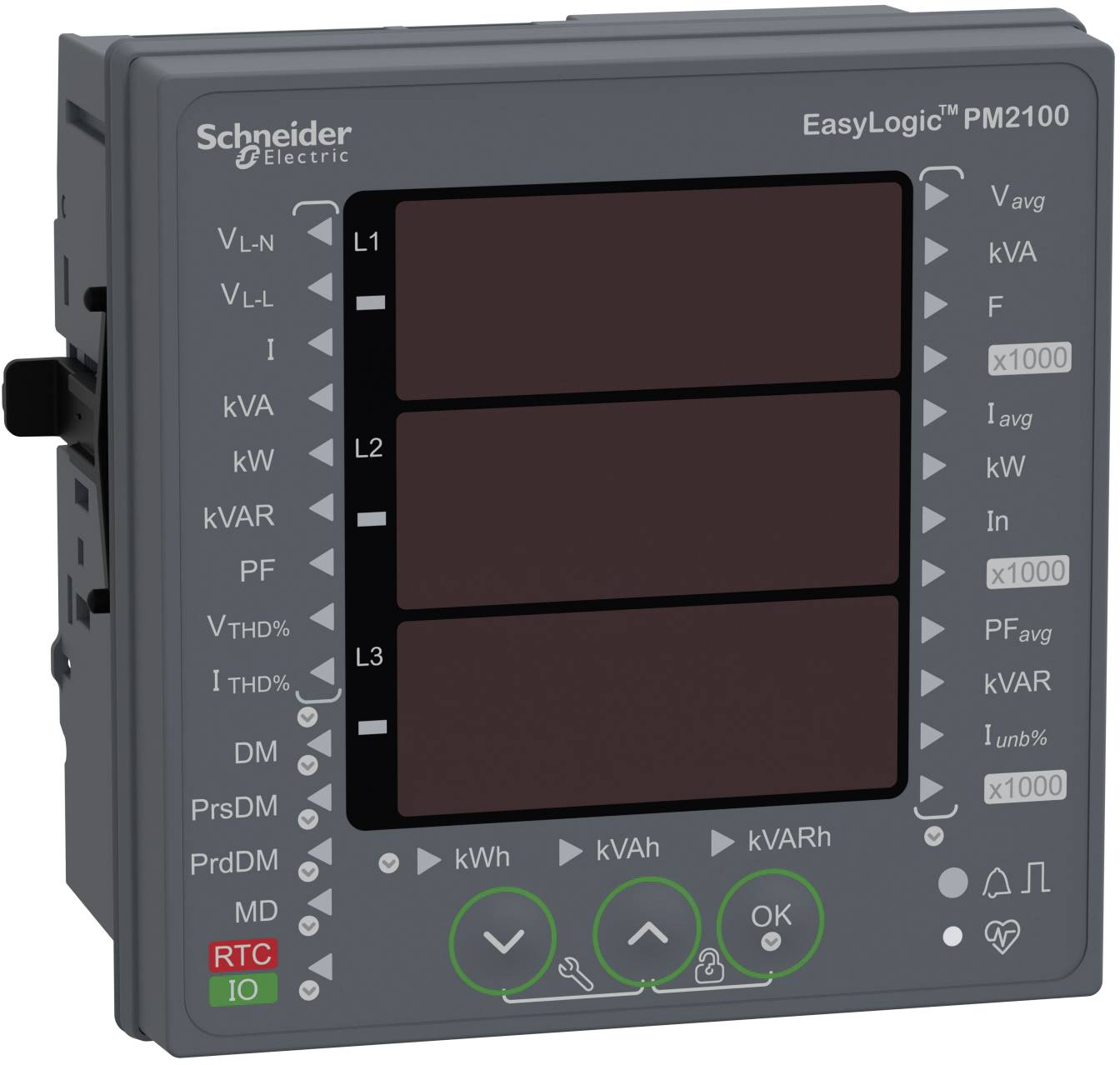 Schneider Electric EasyLogic PM2100 Stromzähler mit drei leeren Anzeigefeldern und gekennzeichneten Elektromessanzeigen sowie Schaltflächen.