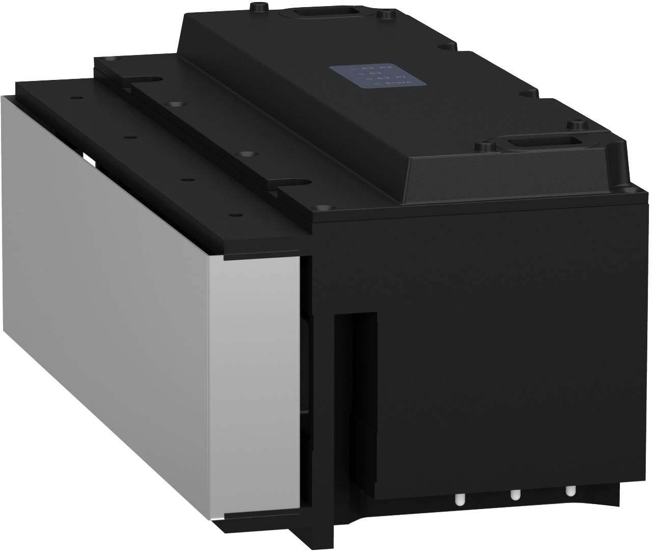 Schwarzes rechteckiges industrielles elektronisches Modul oder Batteriepaket mit silbernem Seitenpanel und oberen Befestigungsfunktionen.