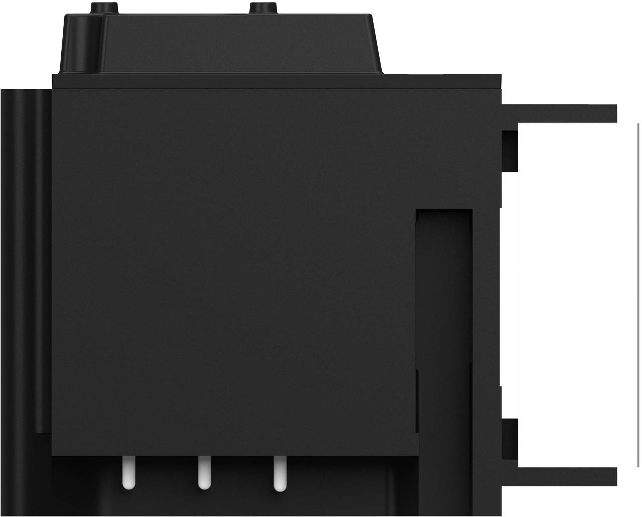Schwarzes Elektrobauteil oder Steckgehäuse in Seitenansicht auf weißem Hintergrund