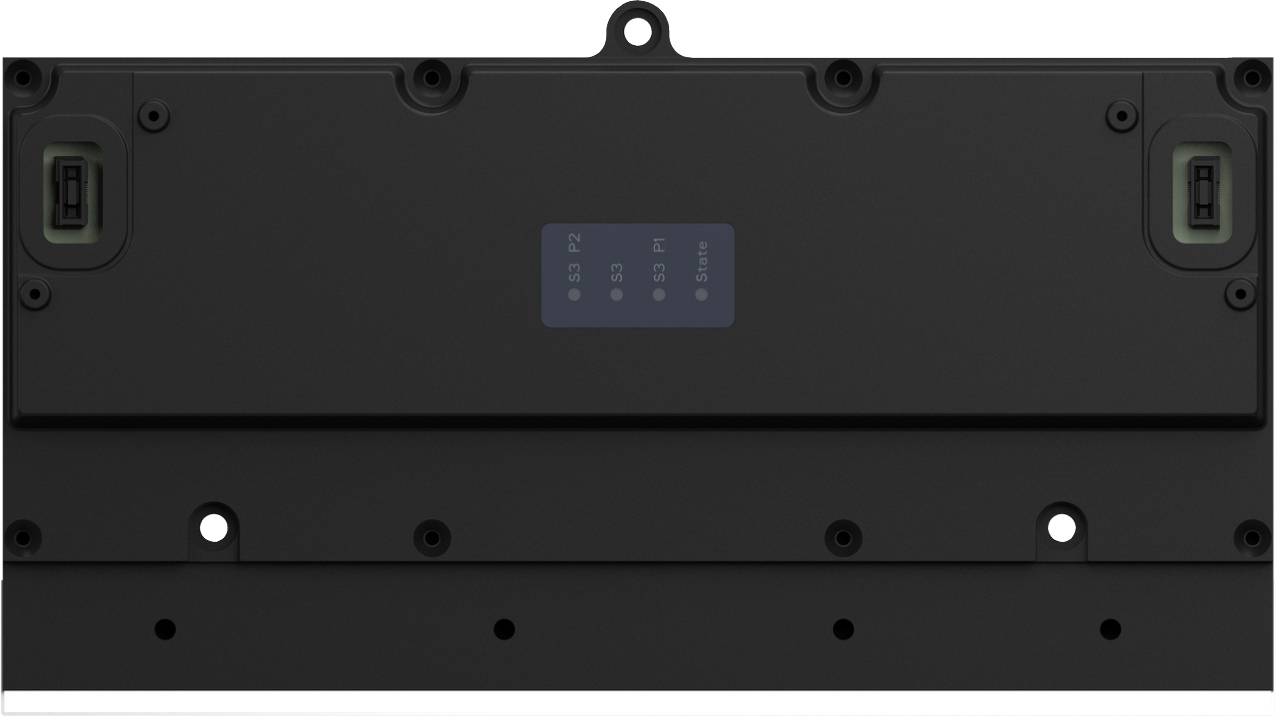 Rückansicht eines schwarzen elektronischen Geräts oder Anzeigefelds mit Montagelaschen, Schraubenlöchern und einer kleinen zentrierten Indikatorbezeichnung.