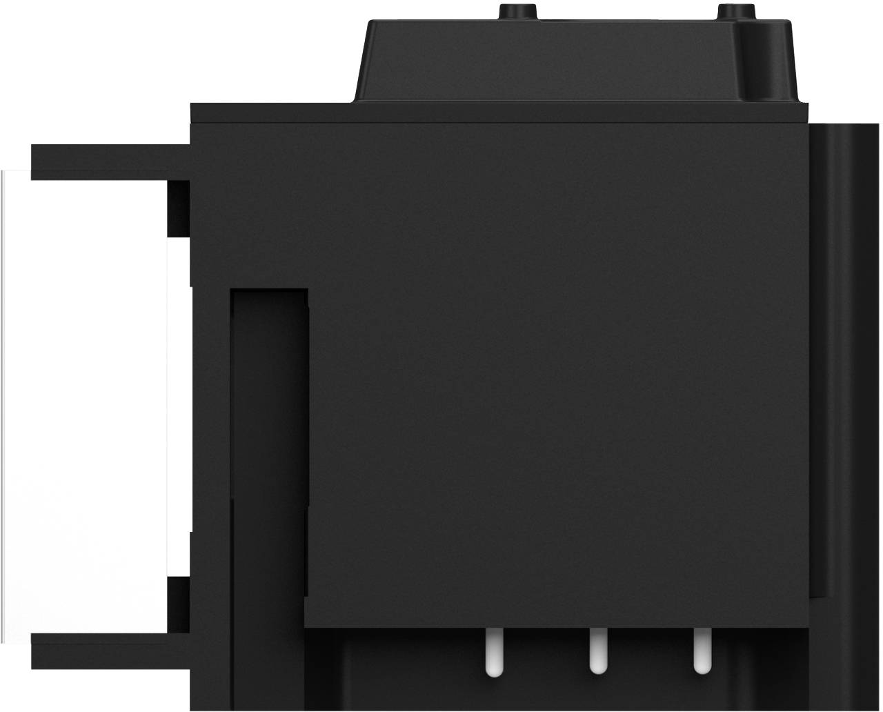 Schwarze rechteckige elektronische Komponente mit Metallstiften und seitlichen Befestigungslaschen, dargestellt auf weißem Hintergrund.