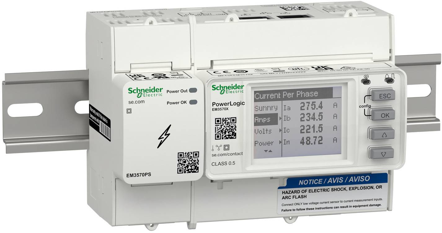 Schneider Electric PowerLogic Energiezähler auf einer DIN-Schiene, mit LCD-Display, das Strom pro Phase, Spannung und Leistungswerte anzeigt, plus ESC- und OK-Tasten.