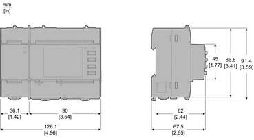 Dimensionale Zeichnung eines rechteckigen Steuermoduls mit Vorder- und Seitenansichten mit Abmessungen in mm und Zoll.