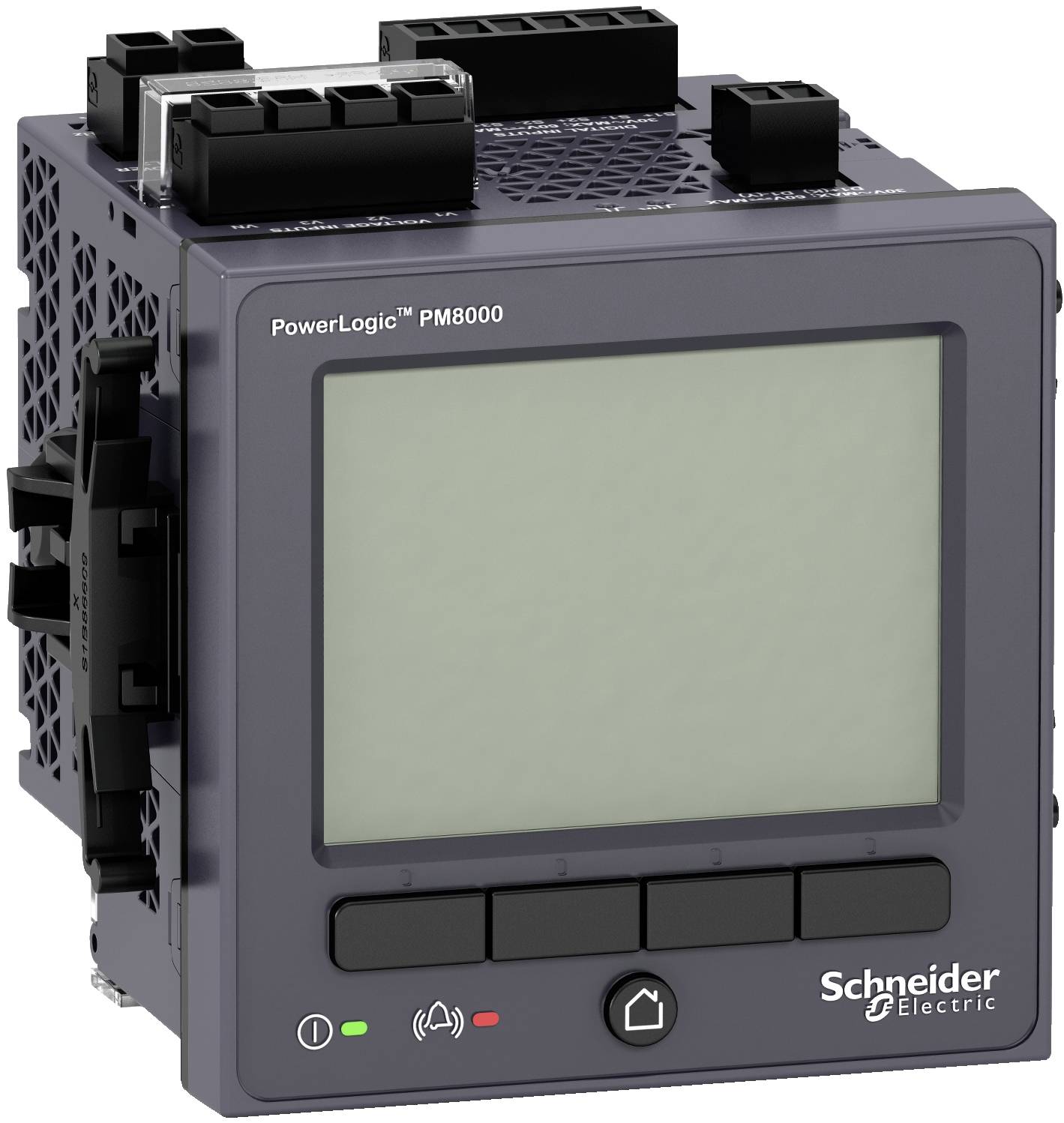 Schneider Electric PowerLogic PM8000 Digitalmessgerät mit leerem Display, Fronttasten und Statusleuchten