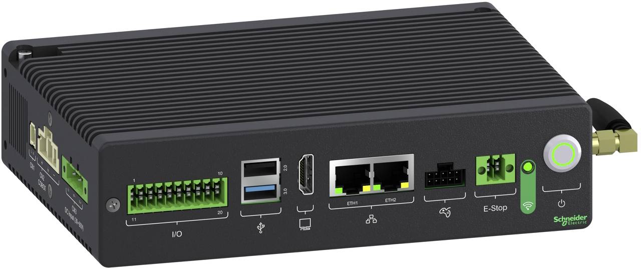 Industrielle Schneider Electric Schalttafel mit Anschlüssen auf der Frontplatte, Klemmleisten, Statusleuchten und einer Not-Aus-Taste auf einem schwarzen gerippten Gehäuse.