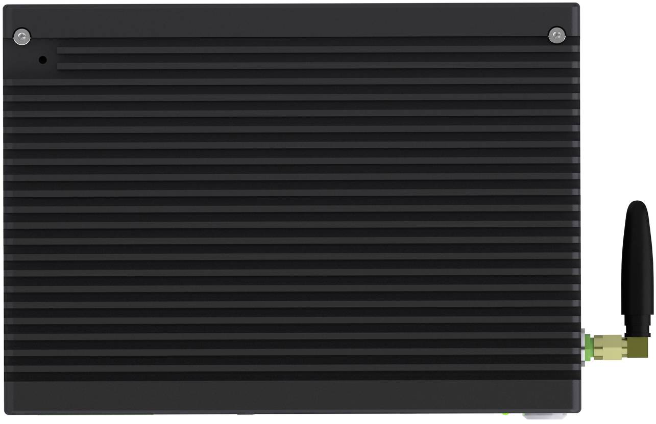 Schwarzes geripptes elektronisches Gerät mit Antenne auf der rechten Seite, vor weißem Hintergrund dargestellt.