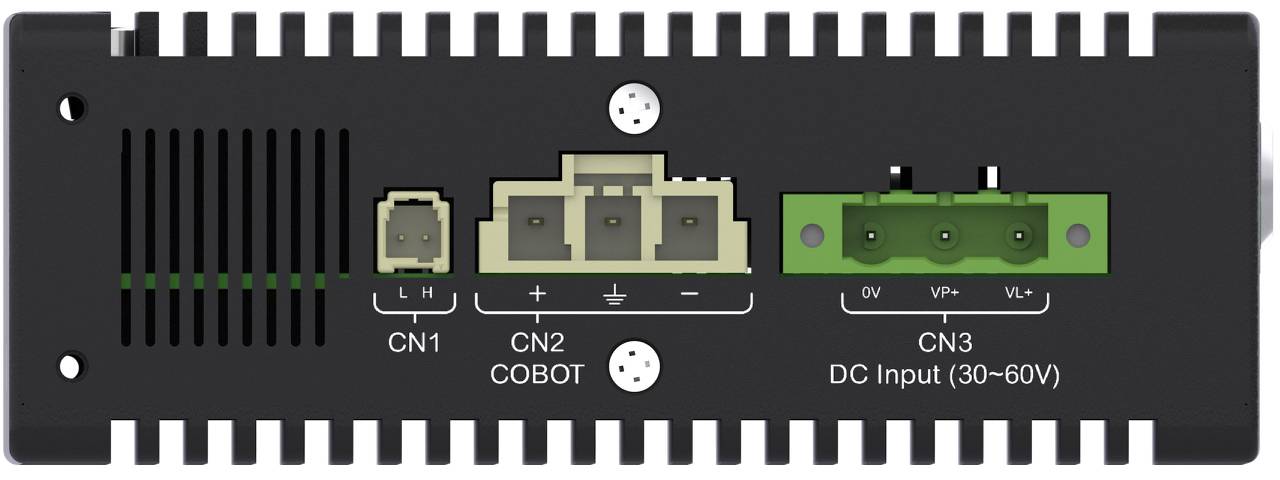 Schwarze elektronische Steuerkarte mit drei beschrifteten Anschlüssen: CN1, CN2 COBOT und CN3 DC Input (30-60V), auf weißem Hintergrund dargestellt.