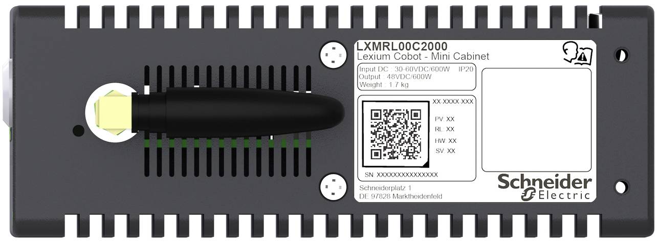 Rückansicht eines Schneider Electric Lexium Cobot Mini Schrank-Controllers mit Lüftungsöffnungen, Anschlüssen, QR-Code-Etikett und Befestigungslöchern.