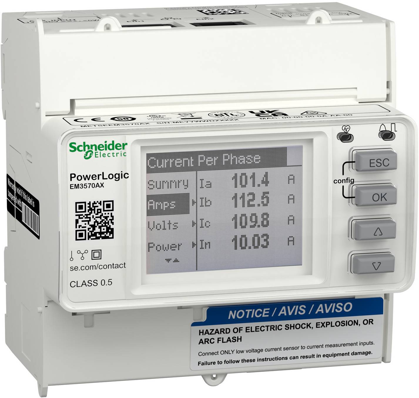 Schneider Electric PowerLogic EM3570AX Stromzähler mit Display, das Strom pro Phase, Ampere, Volt und Leistungsmesswerte anzeigt, sowie Steuertasten.