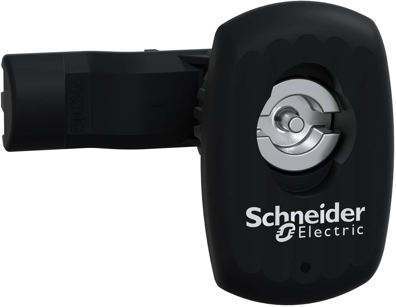Schwarzes Drehgriffschalter-Zubehör von Schneider Electric auf weißem Hintergrund, mit sichtbarem Markenlogo.