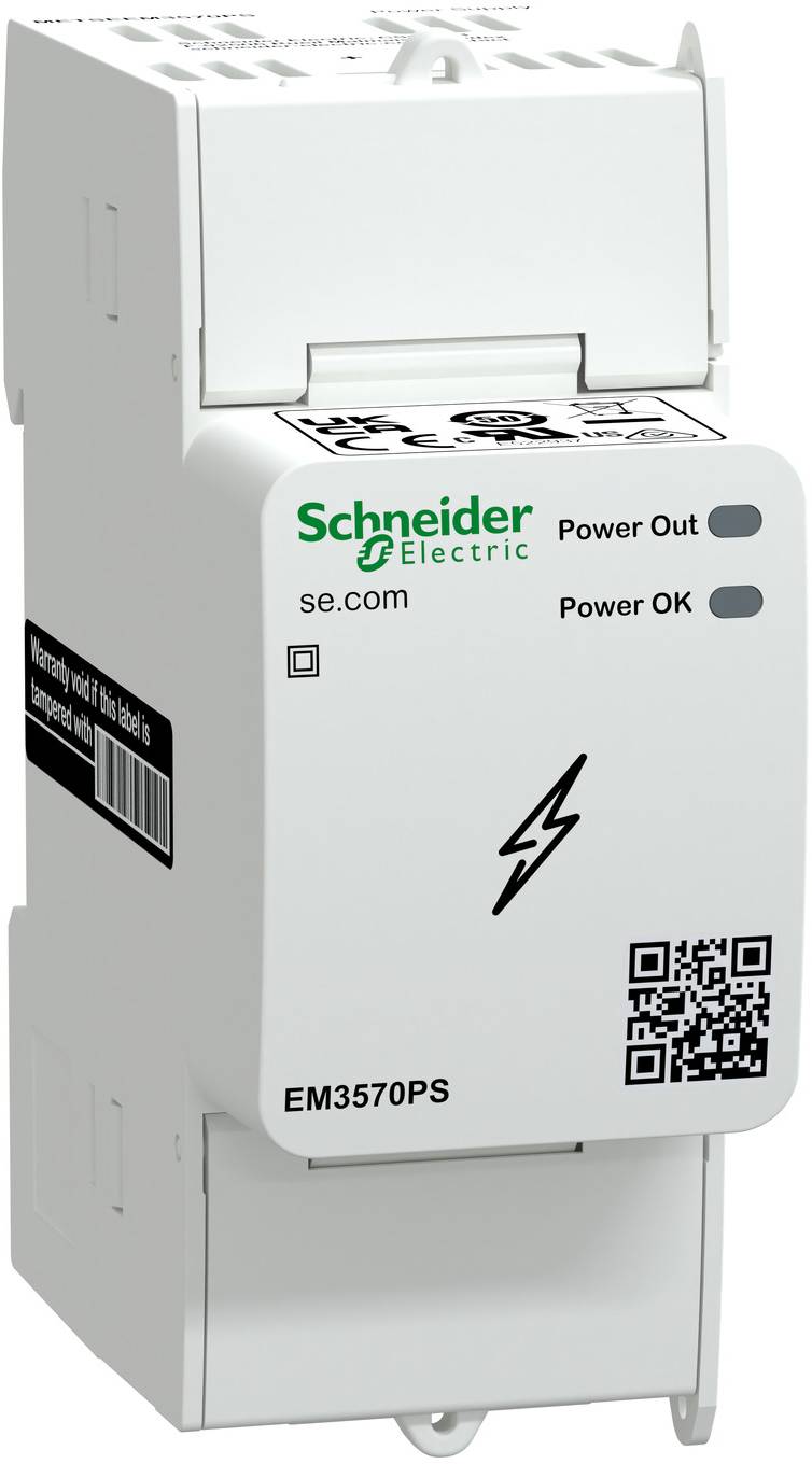 Weißes Schneider Electric EM3570PS-Elektrizitätszählermodul mit Power Out und Power OK Indikatoren, Blitzsymbol und QR-Code auf der Vorderseite.