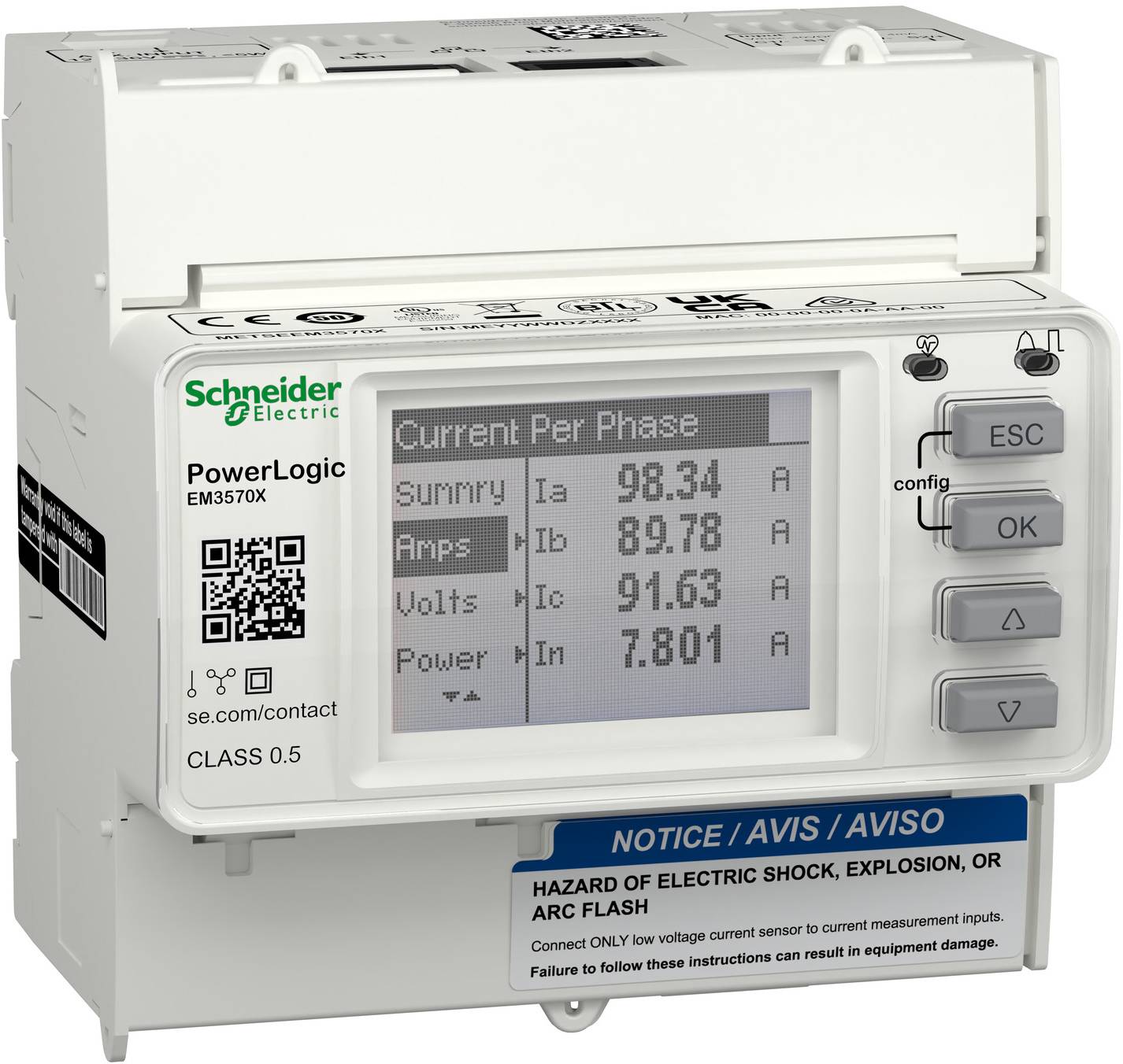 Schneider Electric PowerLogic EM3570X Energiemessgerät zeigt eine Zusammenfassung des Stroms pro Phase und Bedienungsschaltflächen mit Warnschild für elektrische Gefahren.