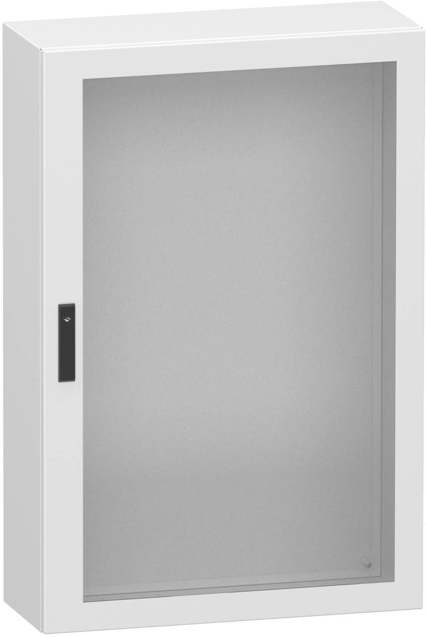 Weißer Metallwandschrank mit einer einzelnen grauen Tür und schwarzem Griff, geschlossen vor einem einfachen Hintergrund dargestellt.