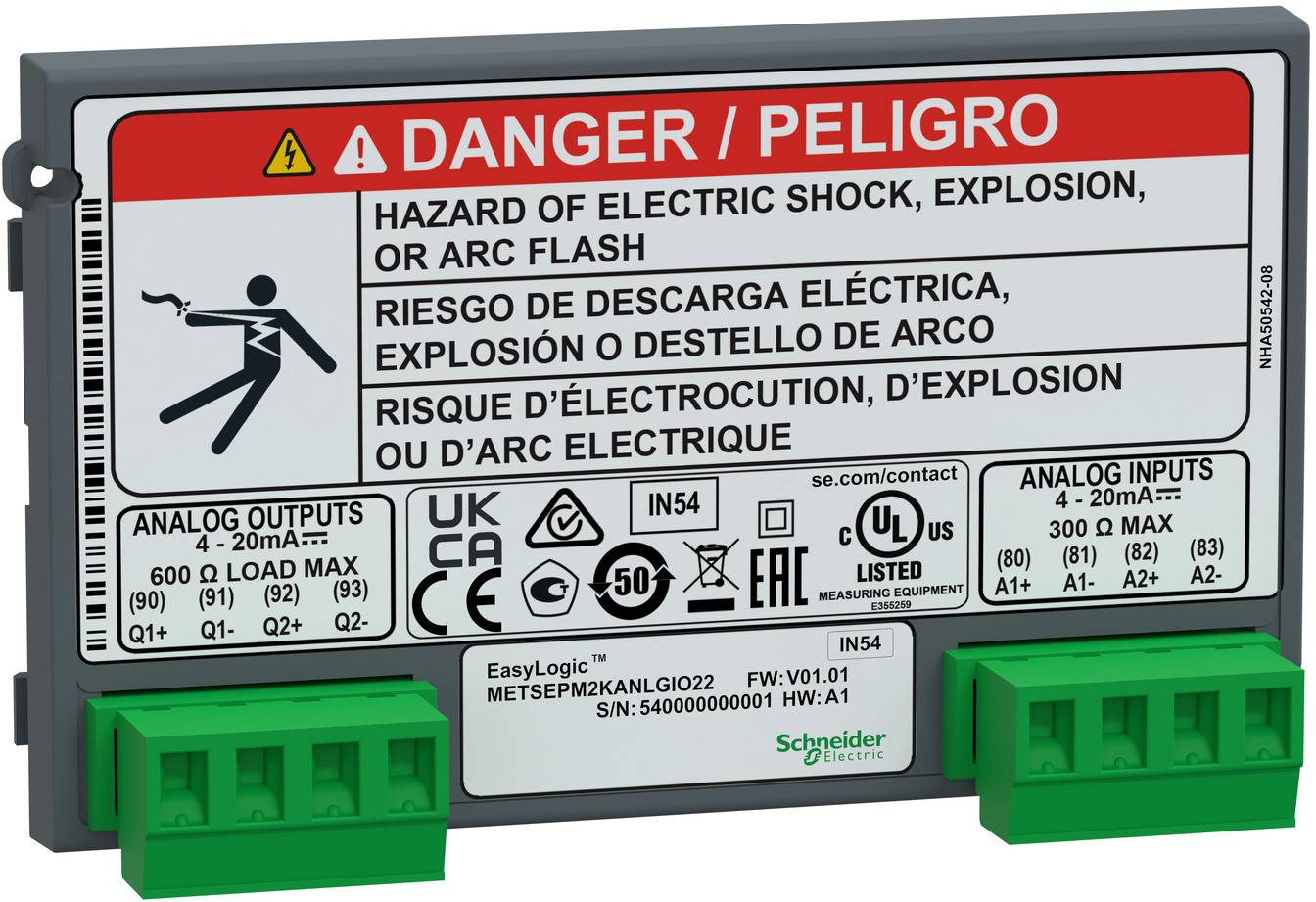 Schneider Electric EasyLogic-Messwertmodul mit Gefahrenkennzeichnung vor elektrischem Schlag, Explosion oder Lichtbogen und Details zu analogen Ausgangs-/Eingangsklemmen.