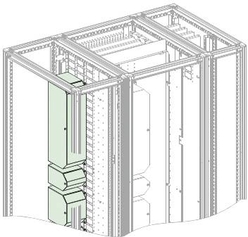 Isometrische technische Zeichnung eines Server-Rack-Schranks mit zwei grünen vorne montierten Modulen und internen Ausrüstungsschächten.