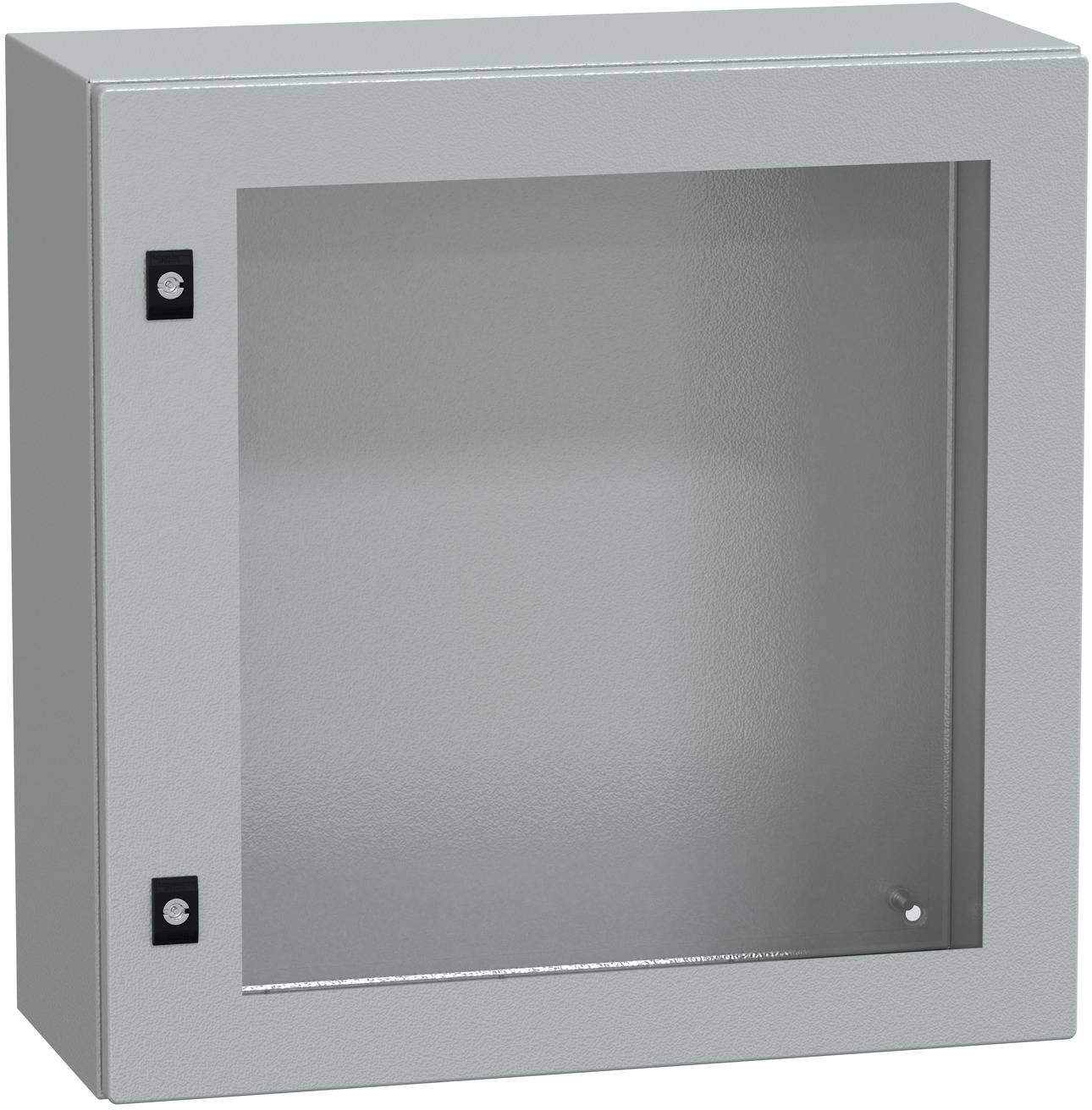 Grauer Metallwandschrank mit aufklappbarer Glastür, gezeigt geschlossen und leer.
