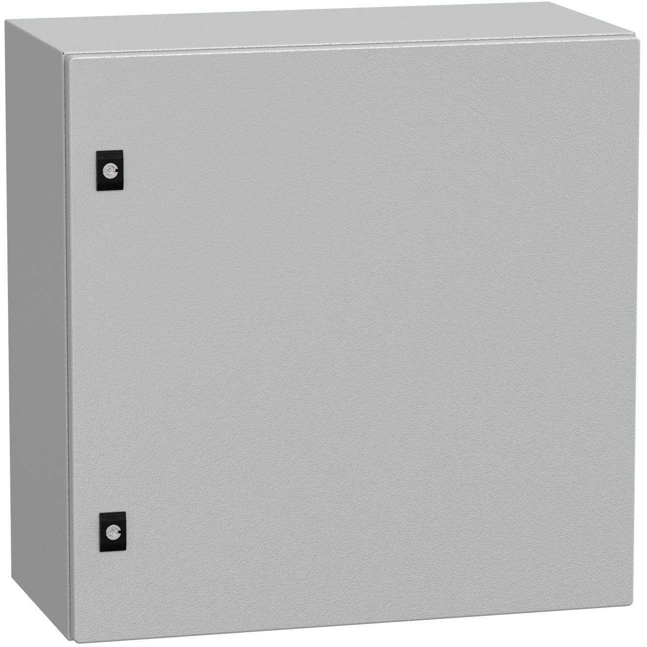 Grauer Metallschaltschrank mit zwei vorderen Verschlüssen, geschlossen auf einfachem weißem Hintergrund gezeigt.