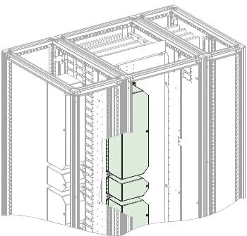 3D technisches Diagramm eines geschlossenen Strukturrahmens mit einer zentral angebrachten grünen vertikalen Komponente im Inneren, wahrscheinlich zeigend die Platzierung von Ausrüstung innerhalb eines Schrankes oder Schachtes.