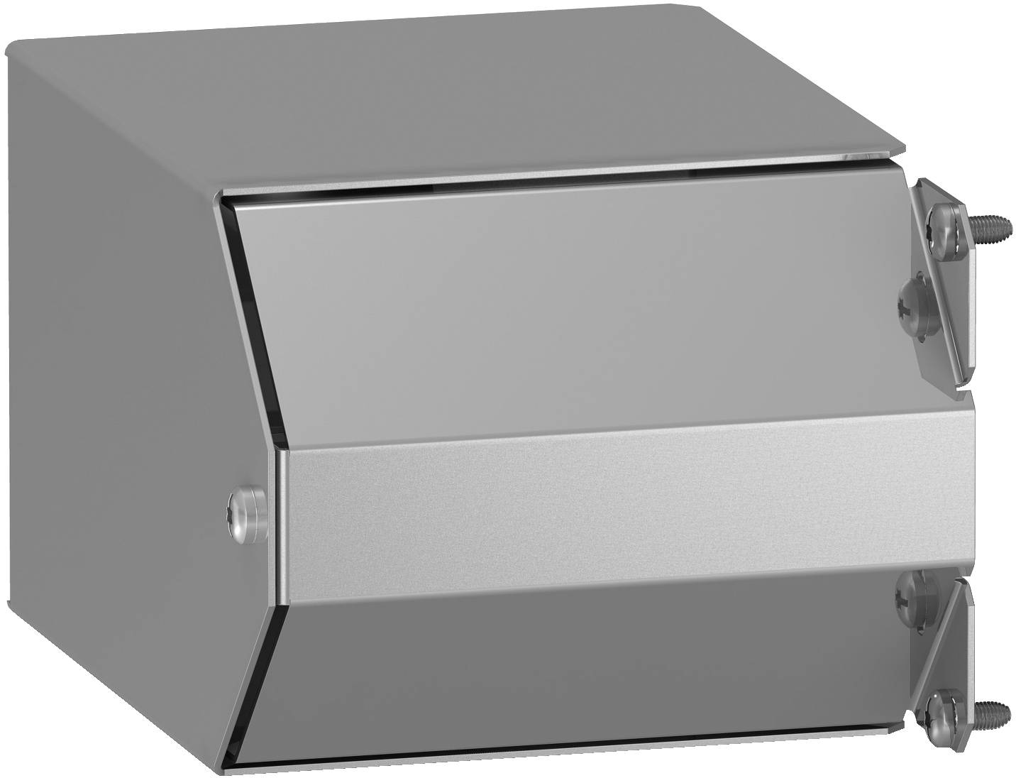 Grauer Metallschaltschrank mit aufklappbarem Deckel vorn und Verschluss auf der rechten Seite.