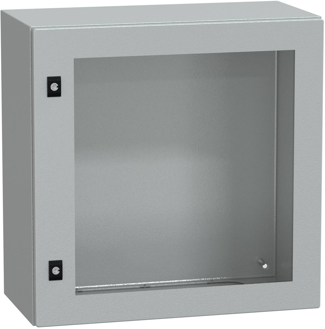 Grauer Metallwandschrank mit Glastür, geschlossen und leer dargestellt, zur Lagerung oder Präsentation von Gegenständen.