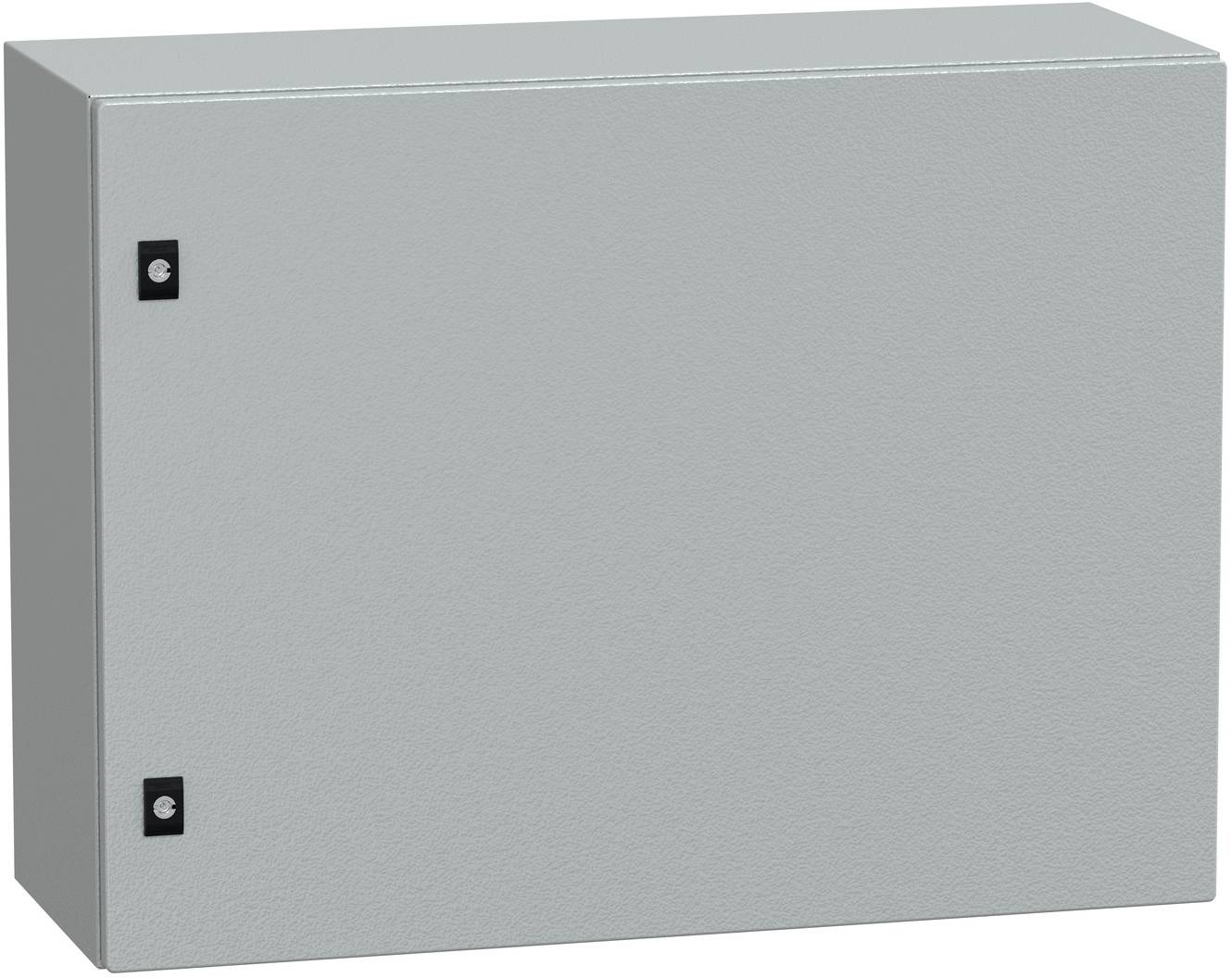 Grauer Metallschrank für Elektroinstallationen mit zwei schwarzen Scharnieren auf der linken Seite und einer schlichten Vordertür.